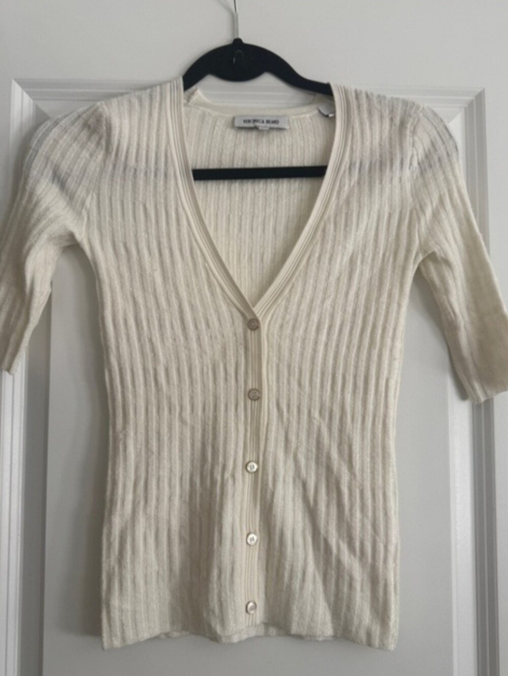 Veronica Beard Calliope Cream Ribbed-Knit Button Cardigan